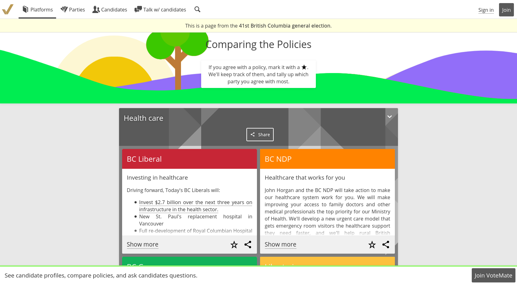 A website called VoteMate with a page comparing the policies on Healthcare from every party in the 2017 BC election.